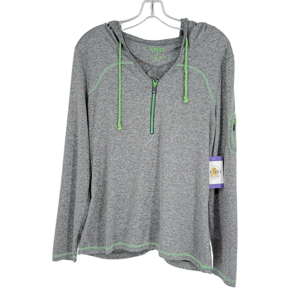 Cruel Womens L Lightweight 1/4 Zip Hoodie Gray Ruched Back Green Accent Active